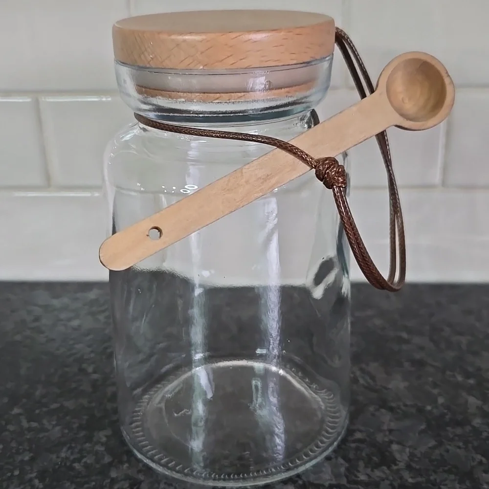 Target Brand Glass Bath Salt Jar with Wood Lid & attached Wooden Spoon